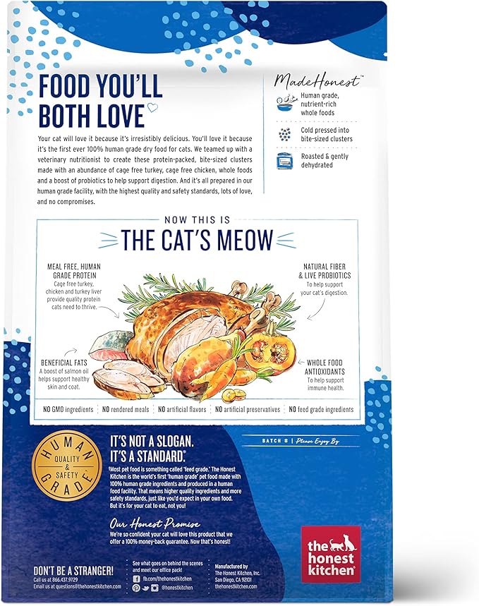 The Honest Kitchen Human Grade Whole Food Clusters Grain Free Turkey & Chicken Dry Cat Food, 4 lb Bag