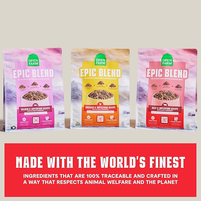 Open Farm, Epic Blend High Protein Dry Dog Food, Probiotic Coated & Bone Broth Infused Kibble with Air Dried Meat & Organs, Minimally Processed & Nutrient Dense, Beef & Superfood Recipe, 18lb Bag