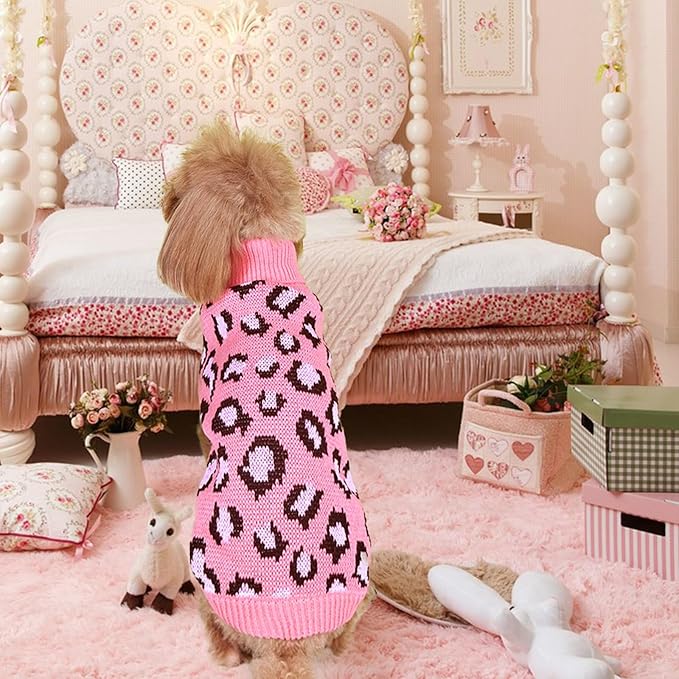 Leopard Knit Sweaters for Small Dogs, Pink Turtleneck Pullover for Pet, Puppies Cats Winter Sweater for Valentines Day Holiday