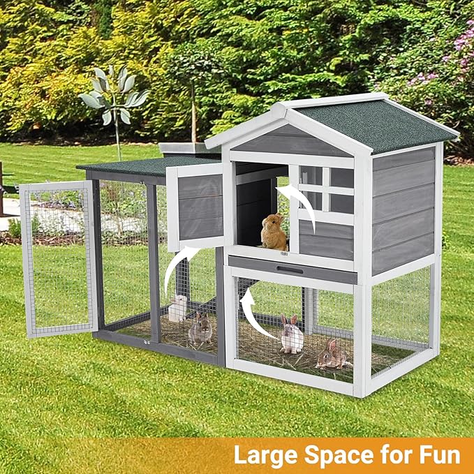 Garvee 48'' Bunny Hutch Indoor with 1 Leak-Proof Trays, Waterproof Roof Rabbit Hutch Indoor/Outdoor, 2-Tier Wooden Bunny House, Gray and White