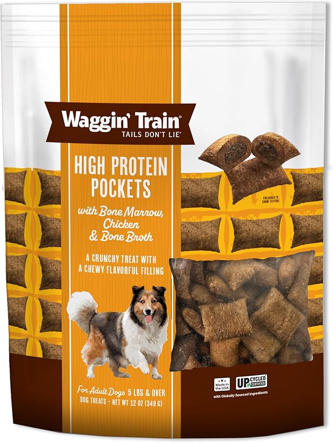 Waggin' Train High Protein Pockets Dog Treats, Crunchy Chicken Outside with Soft & Chewy Bone Marrow & Broth Inside, Great High Protein and Wheat Free Dog Treat, 12 oz. Pouch