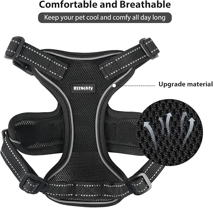 Rttochfy Cat Harness and Leash Set, Adjustable and Reflective Cat Vest, Escape Proof Kitten Harness, Easy to Put on with 3 Buckles for Cats Walking and Traveling (Black, M)
