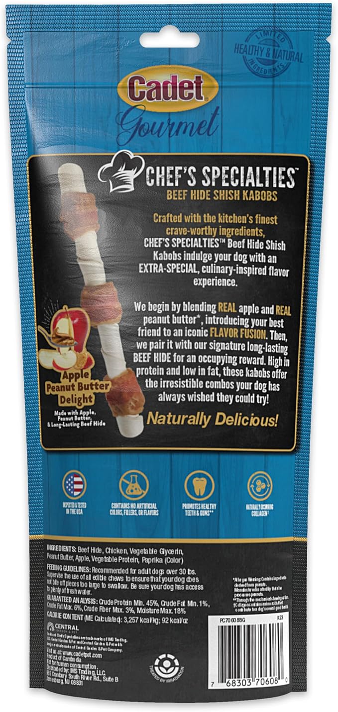 Cadet Chef's Specialties Natural Rawhide Shish Kabob Chew Sticks, Apple Peanut Butter Flavor, Healthy Dog Treats for Large Breeds, 3 Count