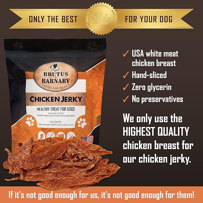 BRUTUS & BARNABY Chicken Jerky Dog Treats- Dehydrated, Crunchy USA Premium Fillets, Grain-Free, Preservative-Free, No Fillers. All Natural Chicken Strips are Great for Dogs and Cats- 32oz