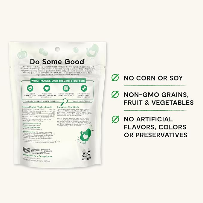 Open Farm Better Biscuits, Oven Baked Dog Treats with Probiotics, Turkey & Oatmeal Recipe, 8oz Pouch