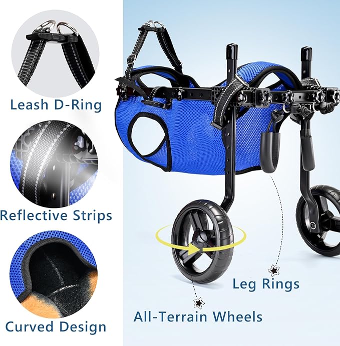 Dog Wheelchair for Back Legs, Adjustable Height/Length/Width, Sturdy Wheelchair with All-Terrain Shock-Absorbing Wheels, Mobility Support for Injured or Disabled Small & Medium Dogs & Cats