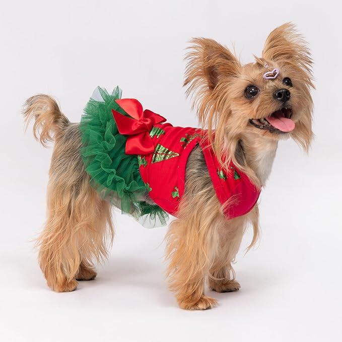 Fitwarm Christmas Tree Dog Tulle Dress, Christmas Clothes for Small Dogs Girl, Holiday Pet Outfit, Red, Green, Small