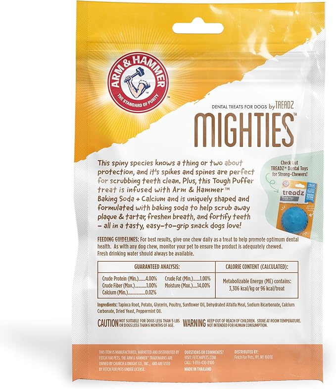 Arm & Hammer for Pets Mighties by TREADZ Dental Treats for Dogs with Baking Soda & Calcium, Help Fight Bad Breath, Plaque & Tartar, Mint, Tough Puffer Shaped, 7 Pcs (Packaging May Vary)