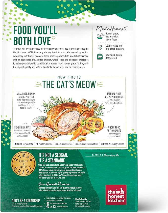 The Honest Kitchen Human Grade Whole Food Clusters Grain Free Chicken Dry Cat Food - Complete & Balanced Meal or Topper - 4 lb Bag