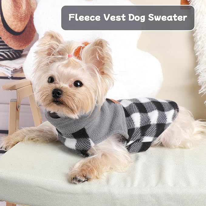 DaFuEn Dog Sweater, Dog Fleece Vest Winter Coat for Boy Girl, Pet Clothes Pullover, Soft Stretchy Puppy Sweater, Yorkie Teacup Chihuahua Jacket (Grey Plaid, XS)
