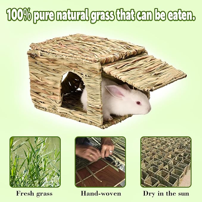 Grass House for Rabbits,Sangle Sopffy,Hand Woven Bunny Grass House,Natural Grass Hideaway for Bunny Guinea Pig Chinchilla Ferret Hamster Squirrel with Rabbit Chew Toys (2 Pack, 14.5*11.4*10.2inch)