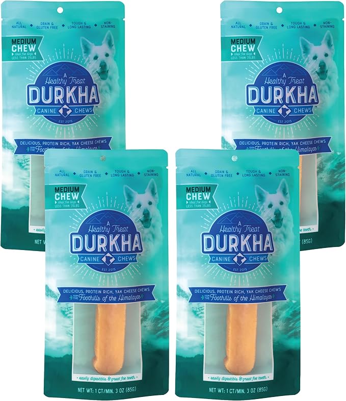 Durkha Yak Cheese Chews: Himalayan Yak Cheese Dog Chews- Natural, Healthy & Long Lasting Dog Treats - Grain, Gluten & Lactose-Free Rawhide Alternatives, for Dogs 35 lbs and Smaller, 4 Pack of Medium