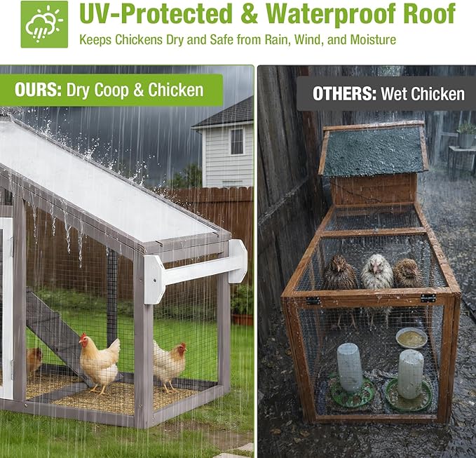 GUTINNEEN Chicken Coop with Wheels, Expandable Hen House Poultry Cage with Run, UV-Protected Roof, Divided Nesting Boxes, Easy One-Person Move, Ideal for 2 Adult Chickens or 4 Bantams, 72.3" L, Brown