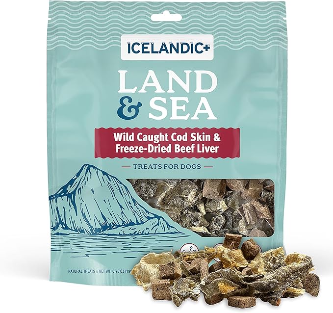 Icelandic+ Land & Sea Wild Caught Cod Skin & Freeze-Dried Beef Liver - 6.75oz Bag, Dog Treat & Food Topper, 2 Ingredients, No Preservatives, Natural (Pack of 2)