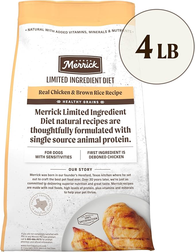 Merrick Limited Ingredient Diet Premium And Natural Kibble With Healthy Grains Chicken And Brown Rice Dog Food - 4.0 lb. Bag