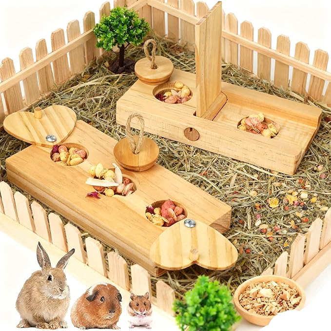 2 Pack Guinea Pig Foraging Toys, Guinea Pig Enrichment Toys Wooden Interactive Bunny Puzzle Toys, Small Animals Hide Treats Dispenser for Hamster, Rabbits, Bunny, Chinchillas