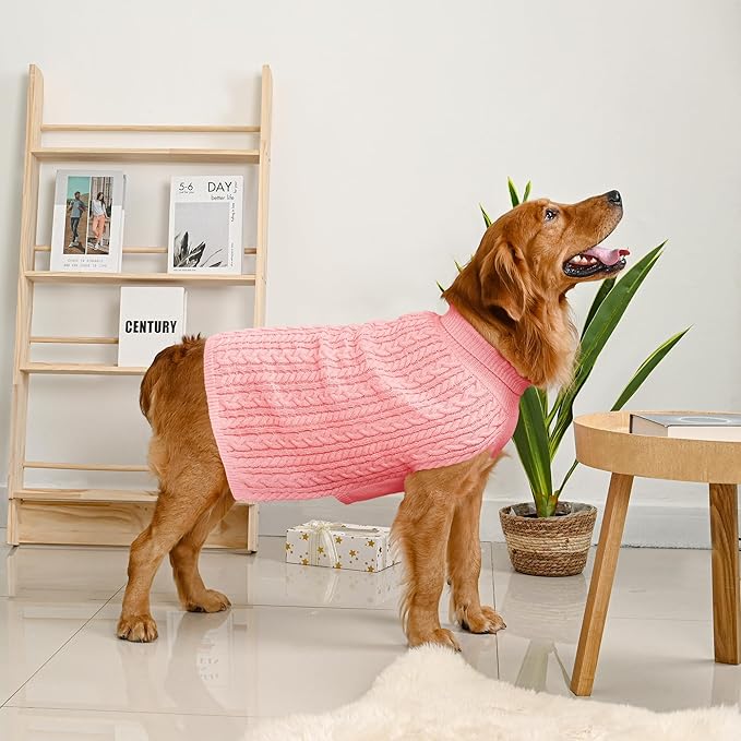 2 Pack Dog Sweaters for Large Dogs Winter Turtleneck Pullover Cable Knit Fleece Stretch Pitbull Labrador Golden Retriever Doberman Bulldog Boy Girl Pet Clothes (XXL, Pink & Red)
