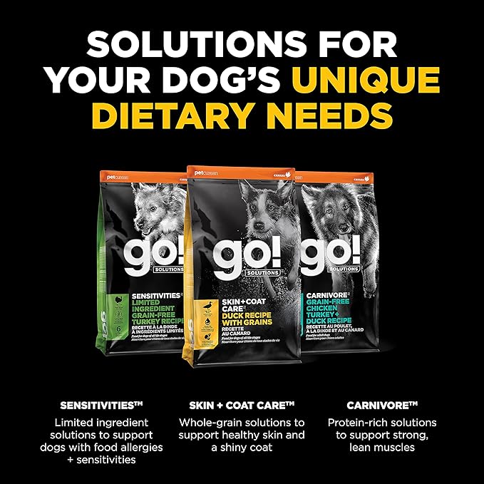 Go! Solutions Skin + Coat Care Duck Dry Dog Food with Grains, Chicken-Free, Healthy Kibble with Omega-3s & 6s for Soft, Shiny Fur, for Puppies, Adults, & Seniors, 12 lb Bag