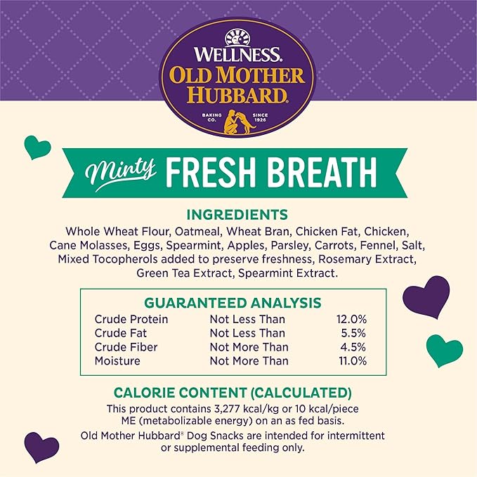 Old Mother Hubbard Wellness Minty Fresh Breath Dog Biscuits, Natural, Training Treats, Spearmint, Parsley, Oats, & Chicken Flavor, Mini Size, (20 Ounce Bag)