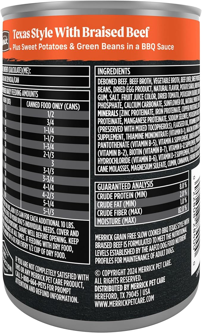 Merrick Slow-Cooked BBQ Premium Healthy Real Meat Grain Free Canned Dog Food, Texas Style With Braised Beef - (Pack of 12) 12.7 oz. Cans