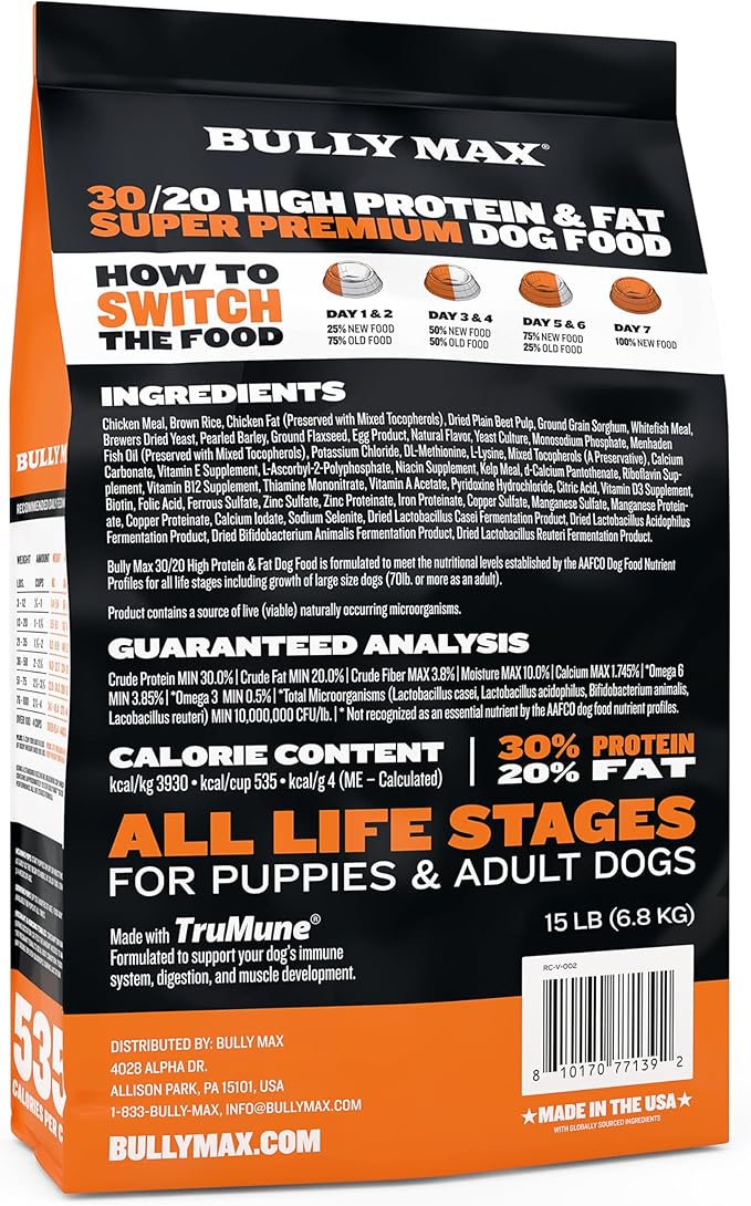 Bully Max Dry Dog Food for Adults & Puppies - High Protein & Fat for Muscle & Weight Gain - High Performance Dog Food Supplements - Small & Large Breed Dogs (535 Calories Per Cup), Chicken, 15lb Bag