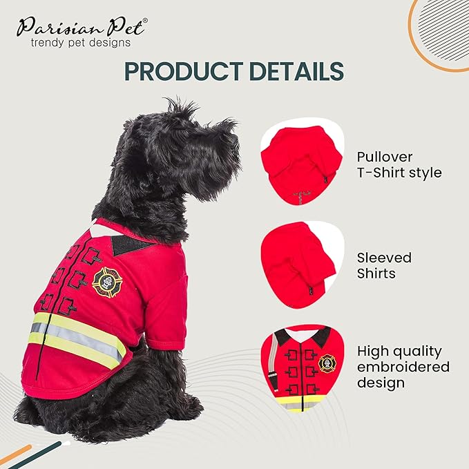 Parisian Pet Dog Costume - 100% Cotton Firefighter Dog Clothes for Medium Dogs - Lightweight Puppy Outfits - Funny Schitzu Clothes - Sleeved Red Shirt for Dogs - Stretchy and Stylish Pet Costume