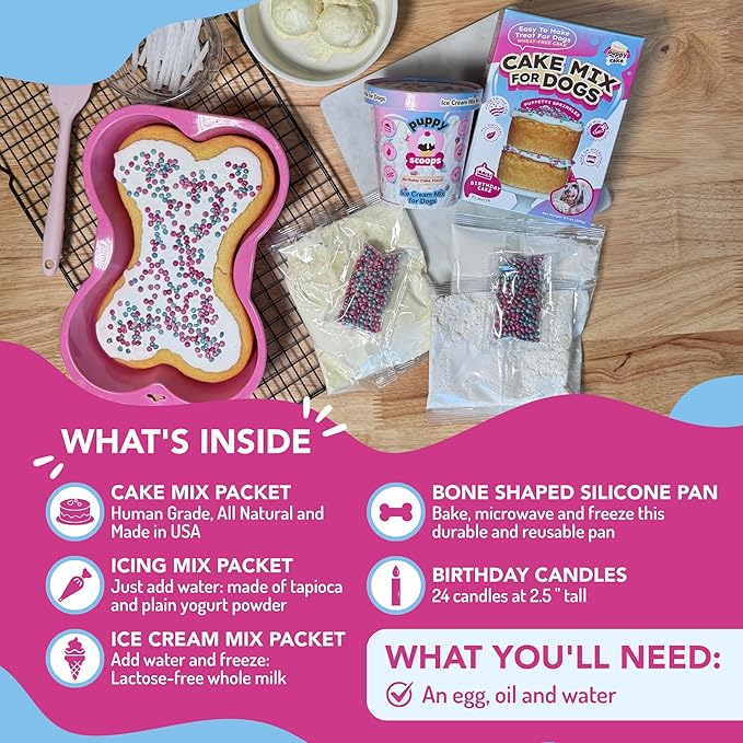 Dog Birthday Cake & Ice Cream Kit – Fluffy, Moist Cake with Pupfetti Sprinkles, Vanilla Flavor Ice Cream, Pink Bone Pan & 24 Candles. All-Natural, Made in USA