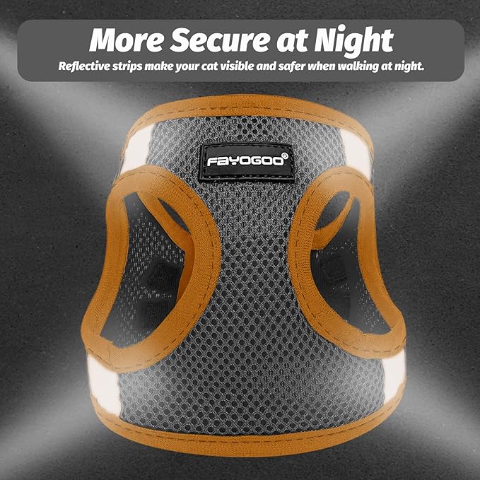 FAYOGOO Cat Harness and Leash Set | Upgrade Step-in Escape Proof Harness | Lightweight Soft Vest, No-Choke Design for Walking, Travel, Camping (Gray)