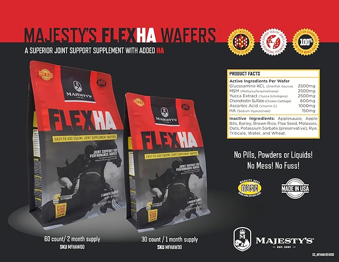 Majesty's Flex HA Wafers - Superior Performance Horse/Equine Joint Support Supplement - HA, Vitamin C, Yucca, Glucosamine (Regular, 2 Pack (120 Count Total))