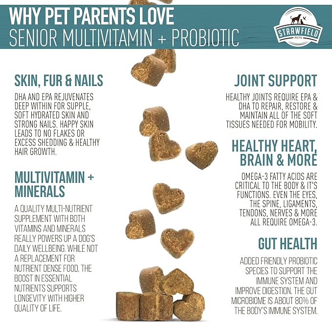Strawfield Pets Senior Multivitamin + Probiotics for Dogs with Milk Thistle Joint Support Supplement for Dogs Bacon Flavor 120 Soft Chews
