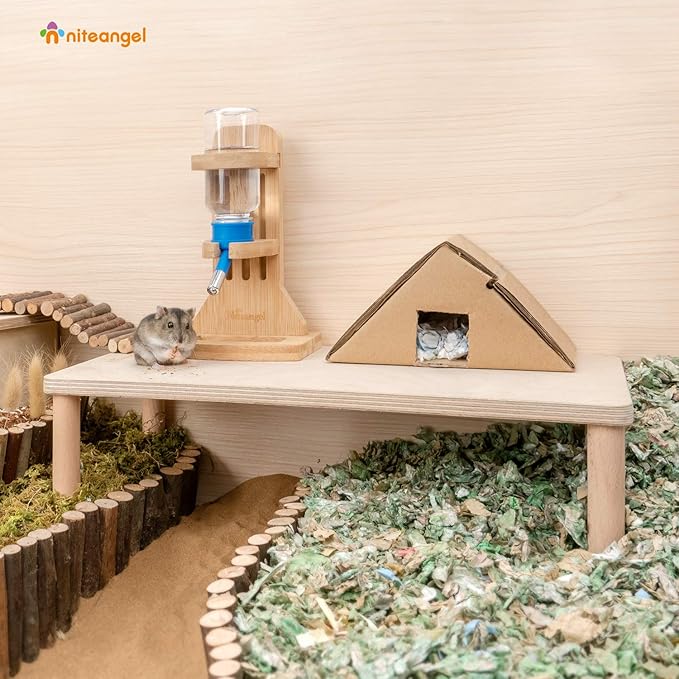Niteangel Hamster Play Wooden Platform for Putting Small Animal's Food Bowl Drinking Bottle and Other cage Accessories (Rectangle - 7" Height)