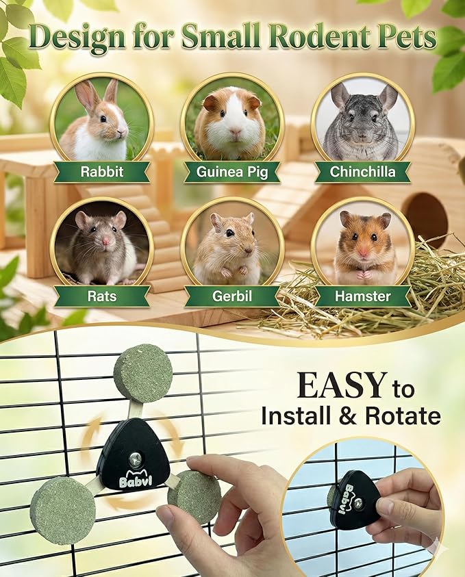 Aluminum Rotating Chew Toy with 4-Flavor Timothy Hay Cakes | Pet Dental Health Toy | Cage Hanging Toy for Rabbits, Guinea Pigs, Hamsters, Chinchillas (Black)