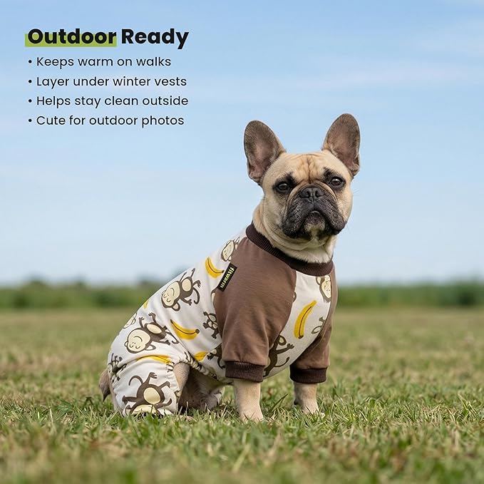 Fitwarm Monkey Dog Pajamas, Cute Dog Clothes for Small Dogs Boy Girl, Pet Onesie Clothing, 100% Breathable Cotton, Brown, Large
