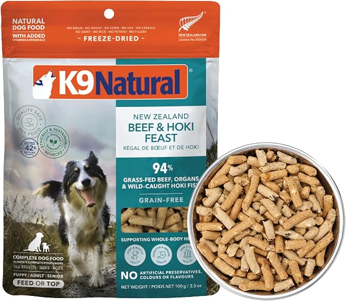 K9 Natural Beef & Hoki Freeze Dried Dog Food, High-Meat Natural Complete Meal or Meal Toppers for Dogs, Grass-Fed Beef & Hoki from New Zealand, Grain-Free, GMO-Free, Complete & Balanced, 3.5oz