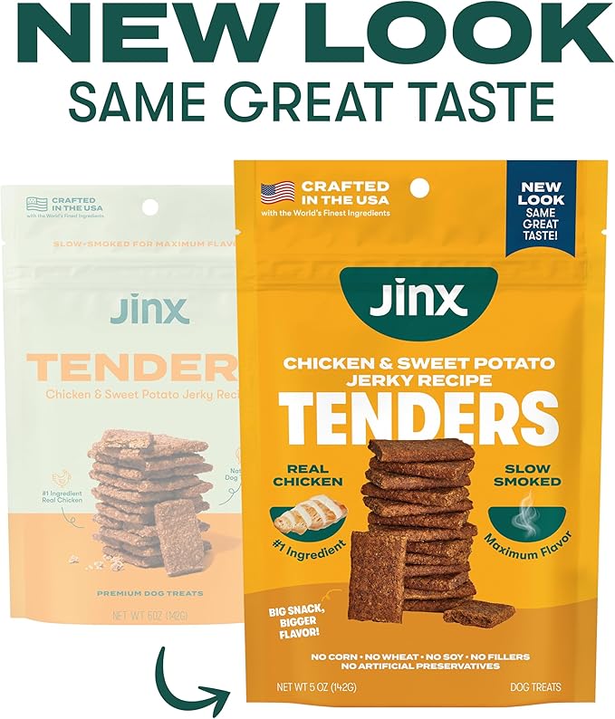 Jinx Tenders Chicken Jerky Dog Treats, All Natural Ingredients, Soft & Chewy, Low-Calorie, Slow-Smoked Chicken & Sweet Potato, No Fillers, 5oz, 6 Pack