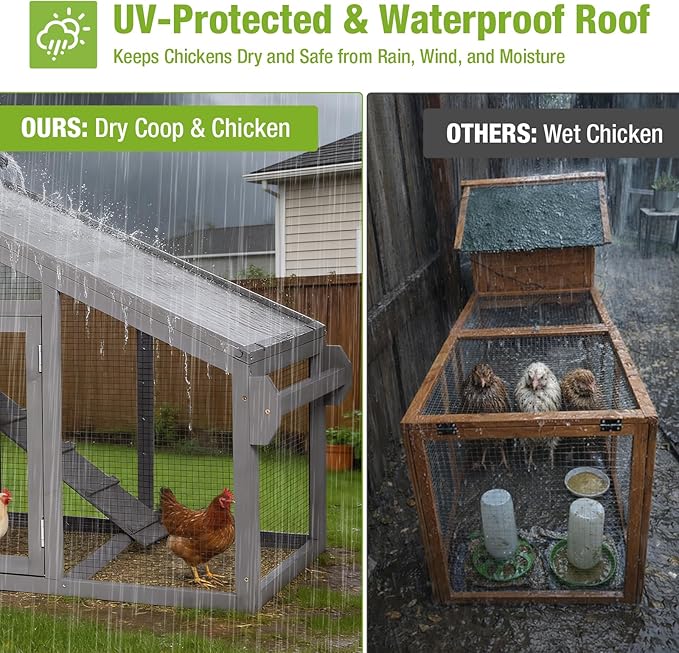 GUTINNEEN Chicken Coop with Wheels, Expandable Hen House Poultry Cage with Run, UV-Protected Roof, Divided Nesting Boxes, Easy One-Person Move, Ideal for 2 Adult Chickens or 4 Bantams, 72.3" L, Grey