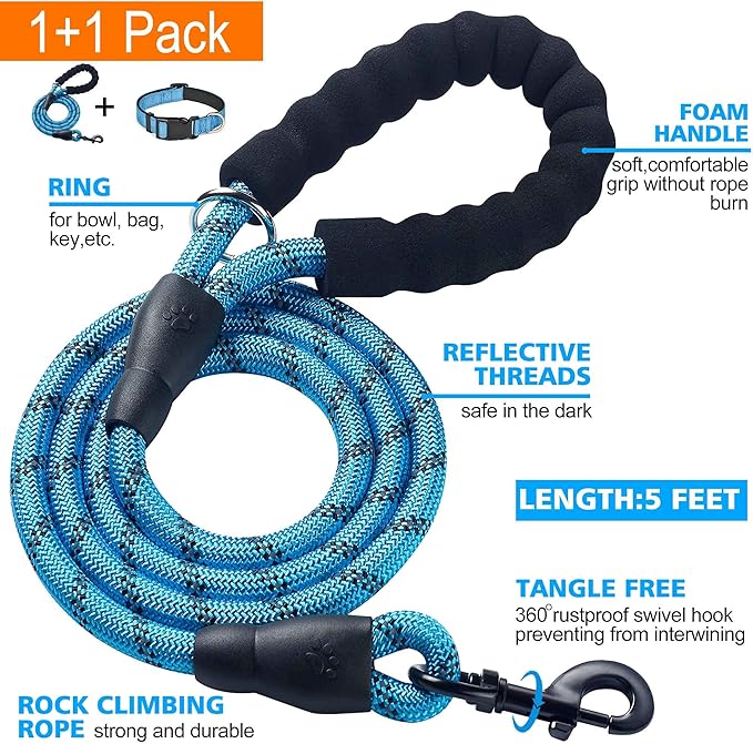Reflective Dog Collar Padded with Soft Neoprene Breathable Adjustable Nylon Dog Collars for Small Medium Large Dogs (Medium (Pack of 1), Vivid Blue Collar+Leash)