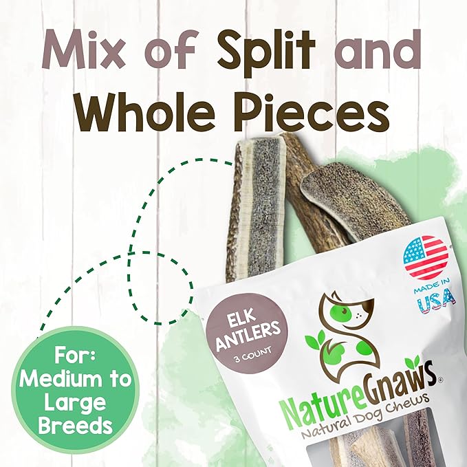 Nature Gnaws USA Elk Antlers for Dogs 5-8" (3 Count) - Mix of Split and Whole Pieces - Long Lasting for Aggressive Chewers - Natural Dog Chew Bones