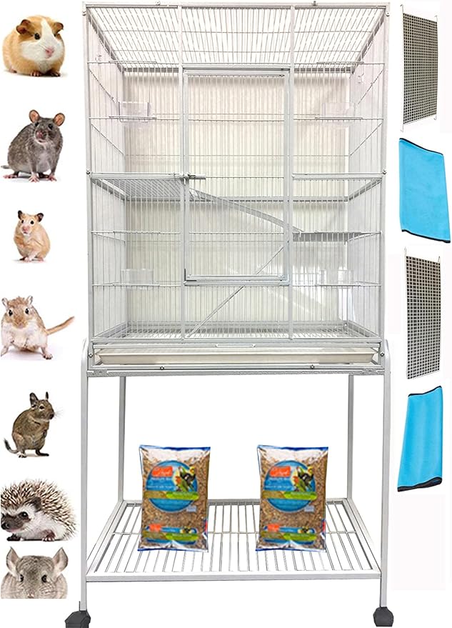 54" Large Wrought Iron Chew Proof 4-Level Tight 1/2-inch Wire Spacing Ferret Chinchilla Sugar Glider Rats Mices Rabbit Squirrel Hamster Cage with Removable Rolling Stand