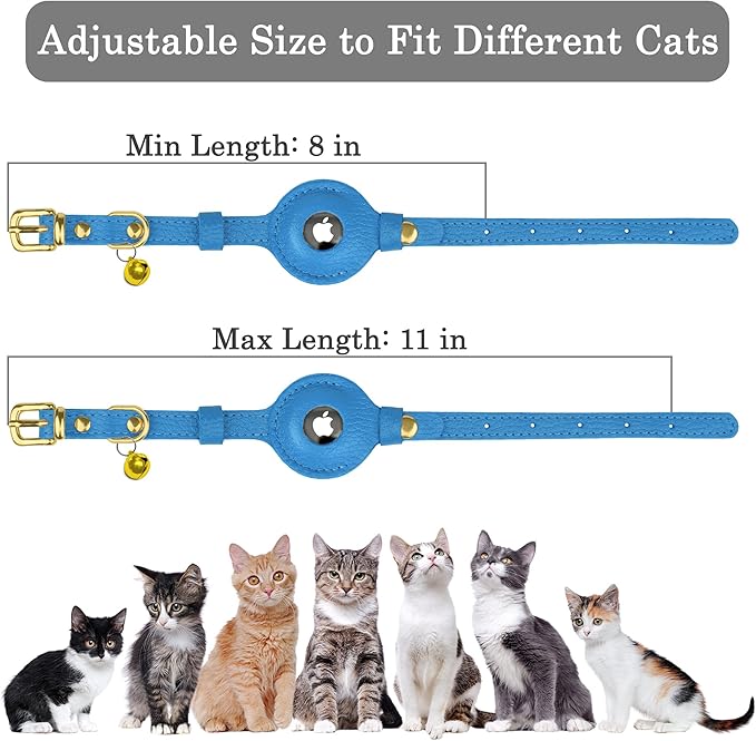 OOPSDOGGY Leather AirTag Cat Collar with Bell - Non Breakaway Kitten Collar with Apple Air Tag Holder - Lightweight GPS Pet Collars for Girl Boy Cats, Small Dogs, Puppies (Blue)