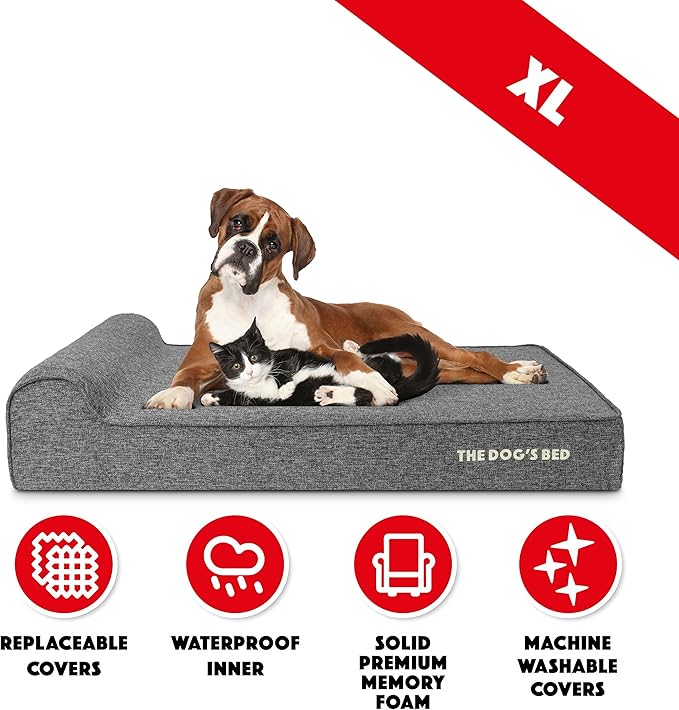 The Dog’s Bed Orthopedic Memory Foam Dog Bed with Headrest, Calming Surface – CertiPUR-Certified Foam, Linen Fabric, Grey Linen, XL, 6-Inch