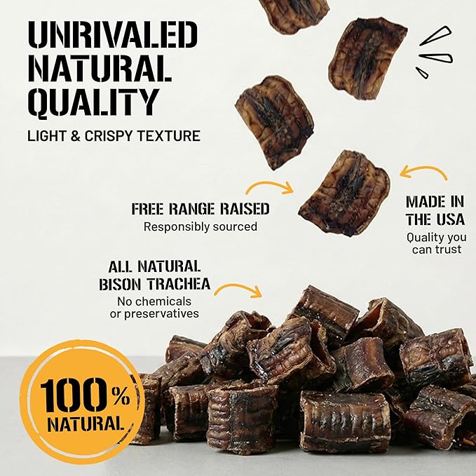 Dog Chits Bison Trachea Dog Treats - 100% Single Ingredient, High Protein, Lower Fat - Glucosamine for Joint Support - Dental-Clean Crunch - Gentler on Digestion Than Beef - 2-3 inch, 8 oz