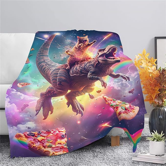 Funny Dinosaur and Cat Blanket Universe Rainbow Pizza Dino Cat Throw Blanket Gifts for Girls Women Kids Adults Super Soft Cozy Plush Fluffy Fuzzy Fleece Blanket Home Decor 60''X80''