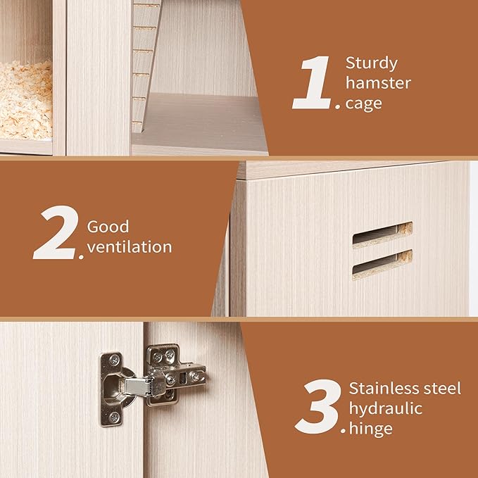Hamster Cage Furniture with Storage Cabinet, House for Rat Chinchilla, 4-Tier Wood Habitat with Small Animal Cage for Rat, Hedgehog,Chinchilla with Openable Top (Wood)