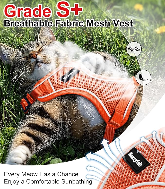 Cat Harness and Leash for Walking Escape Proof Soft Adjustable Cat Leash Breathable Comfortable Vest Easy to Wear Kitten Harness for Outdoor Travel (Orange, S (7-12lb))