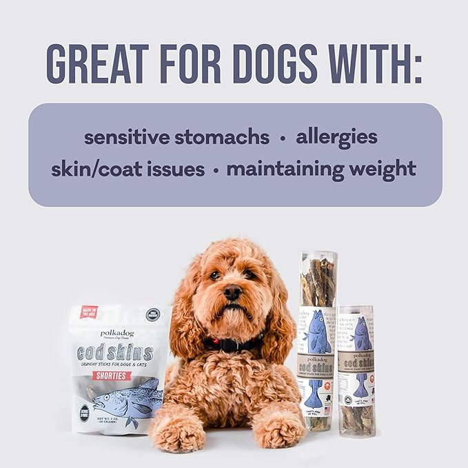 Polkadog Cod Skin Dog Treats - All Natural, Single Ingredient Wild-Caught Fish, Premium Treats for Dogs, High in Lean Protein & Omega-3, Great for Allergies, Made in USA - 2oz (1pk)