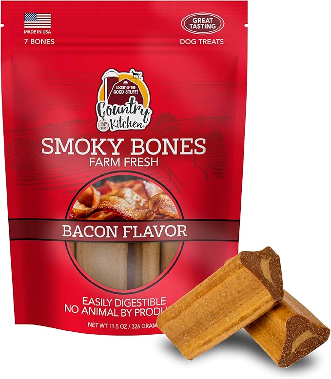 Country Kitchen Smoky Bones Bacon Flavored Dog Treats, Long Lasting, Easy to Digest, Made in USA, 7 Count