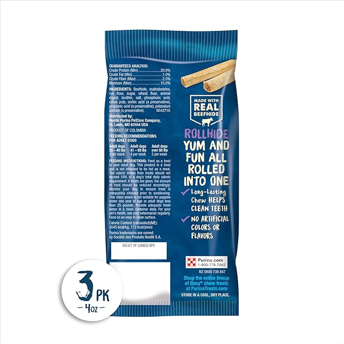 Purina Busy Rawhide Small/Medium Breed Dog Bones, Rollhide - (Pack of 12) 3 ct. Pouches
