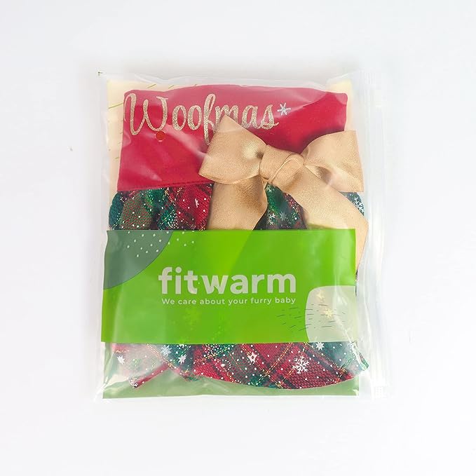 Fitwarm Merry Woofmas 100% Cotton Dog Christmas Outfits Girl Dog Holiday Dress Lightweight Doggie Costume Puppy Clothes Pet Apparel with Bowknot Cat Clothing Red XXS
