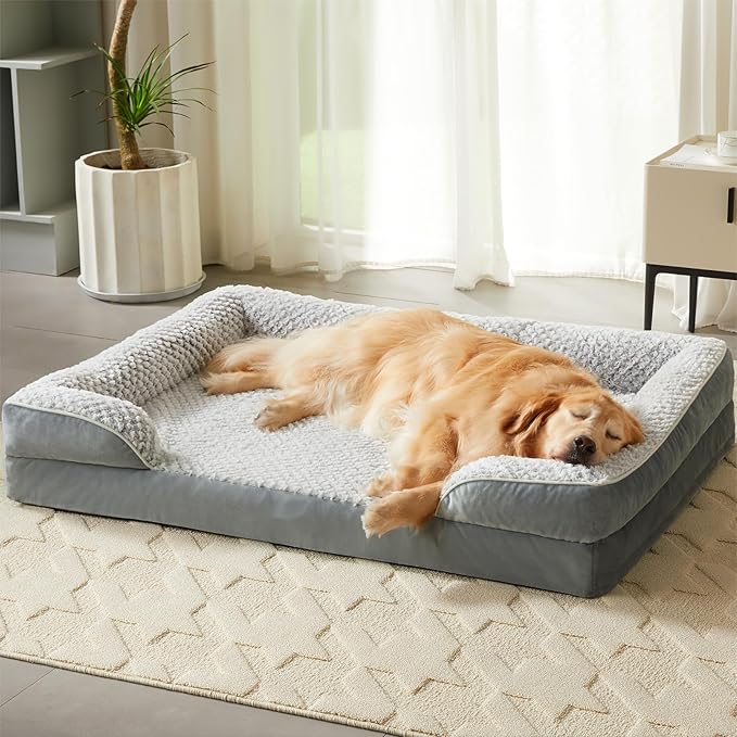 LEXTRO Orthopedic Dog Beds for Large Dogs,42x30 Inch Extra Large Dog Bed, Egg Crate Foam Bed for Large Dogs, Big Pet Bed with Washable Removable Waterproof Pillow Cover and Anti-Slip Bottom, Grey